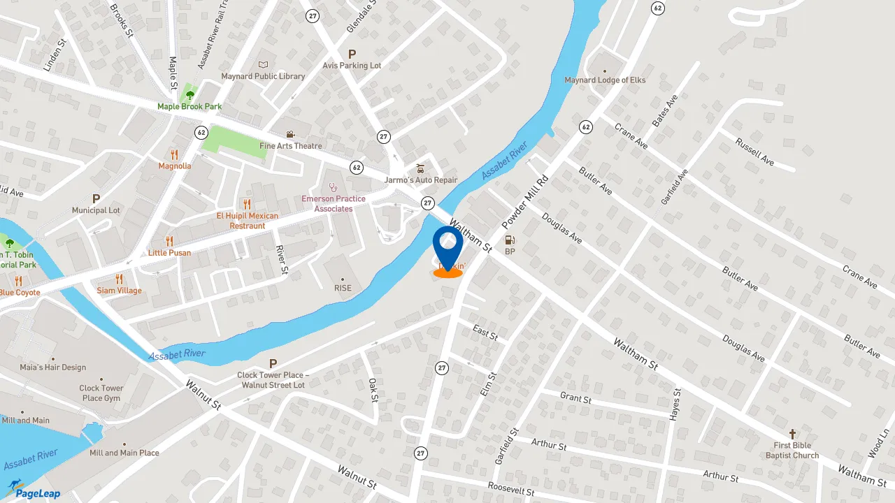 https://pageleap.com map showing location of Dunkin&#039; in Maynard.