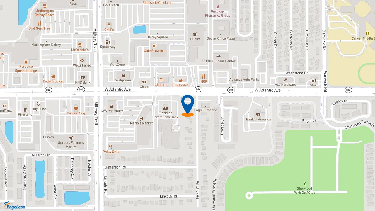 https://pageleap.com map showing location of Dunkin&#039; in Delray Beach.