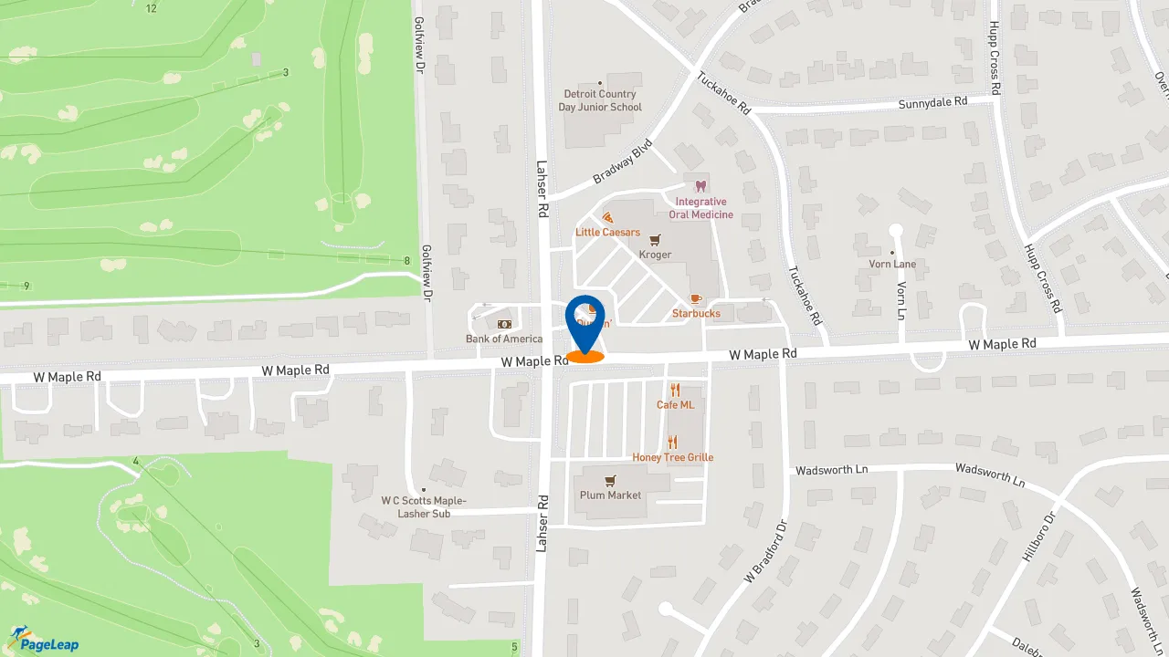 https://pageleap.com map showing location of Dunkin&#039; in Bloomfield Hills.