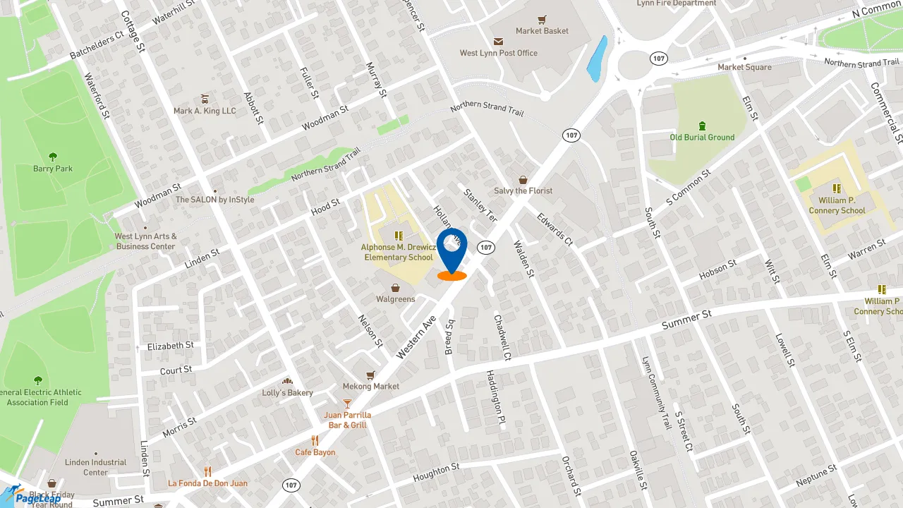 https://pageleap.com map showing location of Dunkin&#039; in Lynn.