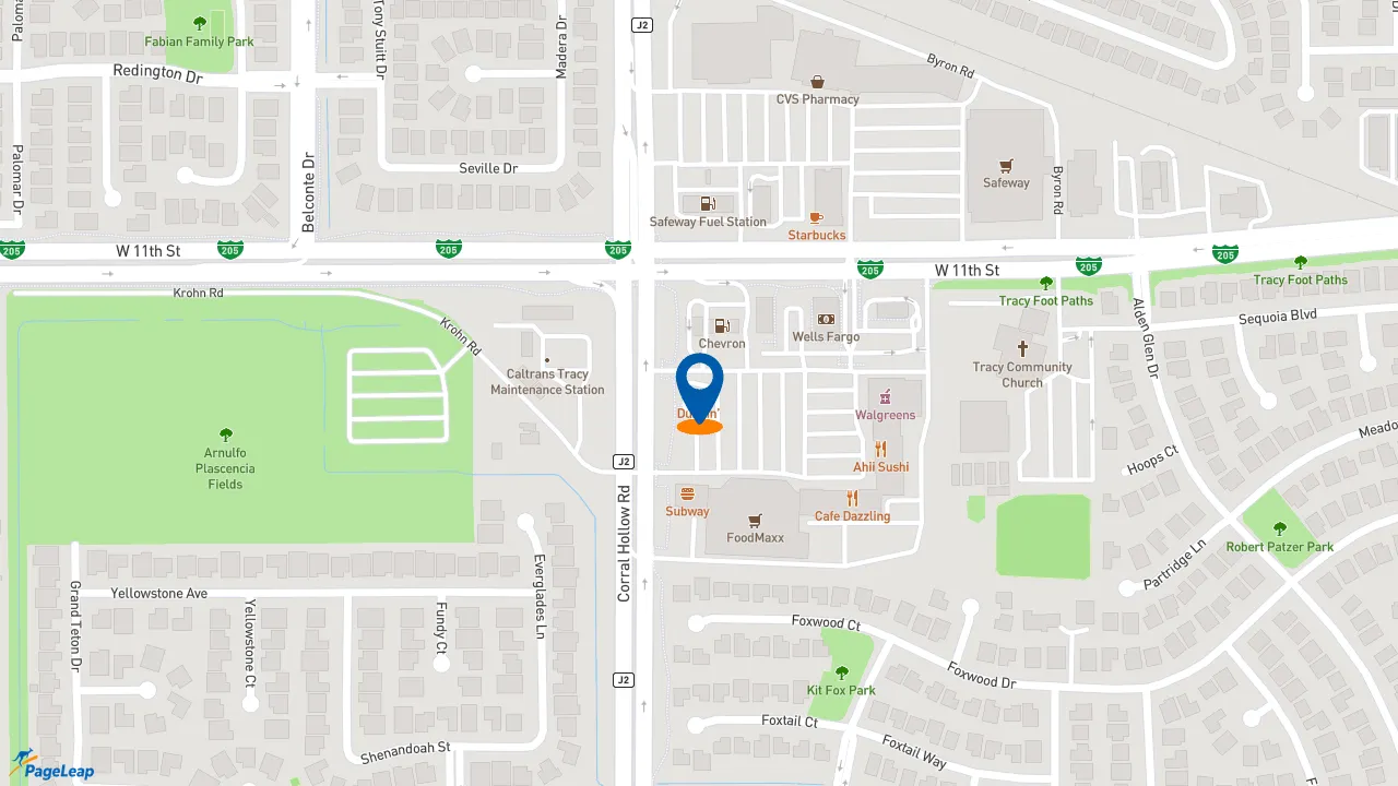 https://pageleap.com map showing location of Dunkin&#039; in Tracy.