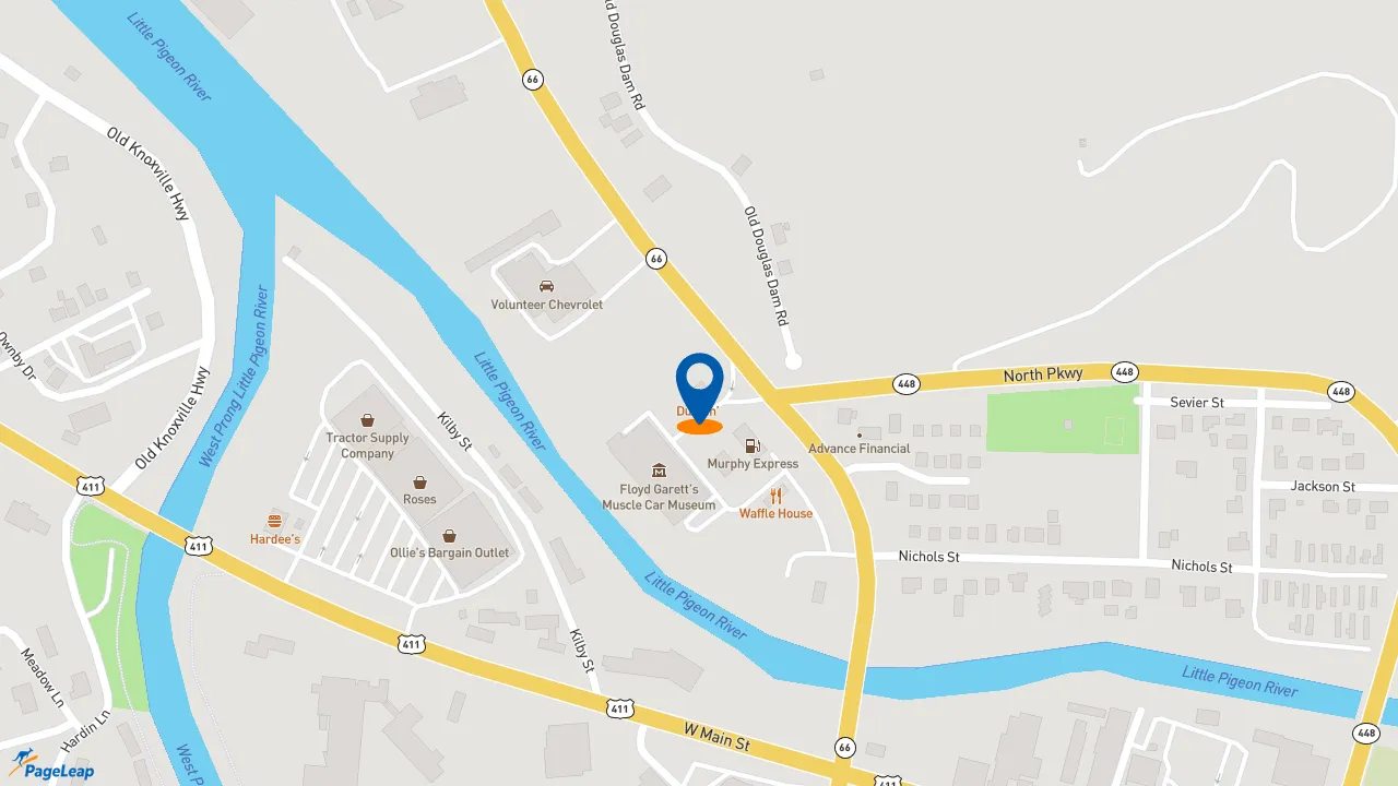 https://pageleap.com map showing location of Dunkin&#039; in Sevierville.