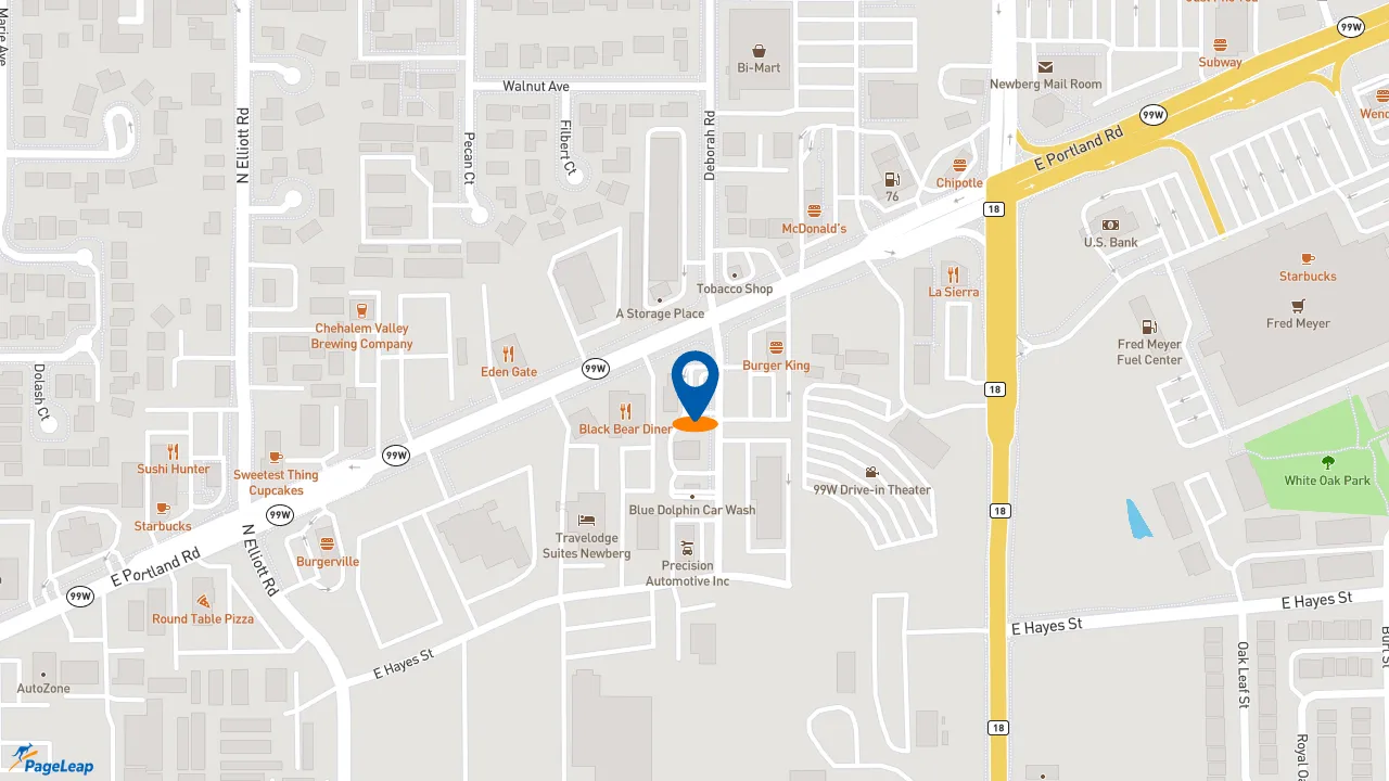 https://pageleap.com map showing location of Dutch Bros Coffee in Newberg.