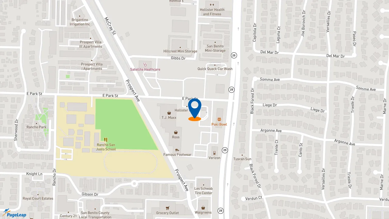 https://pageleap.com map showing location of Dutch Bros Coffee in Hollister.