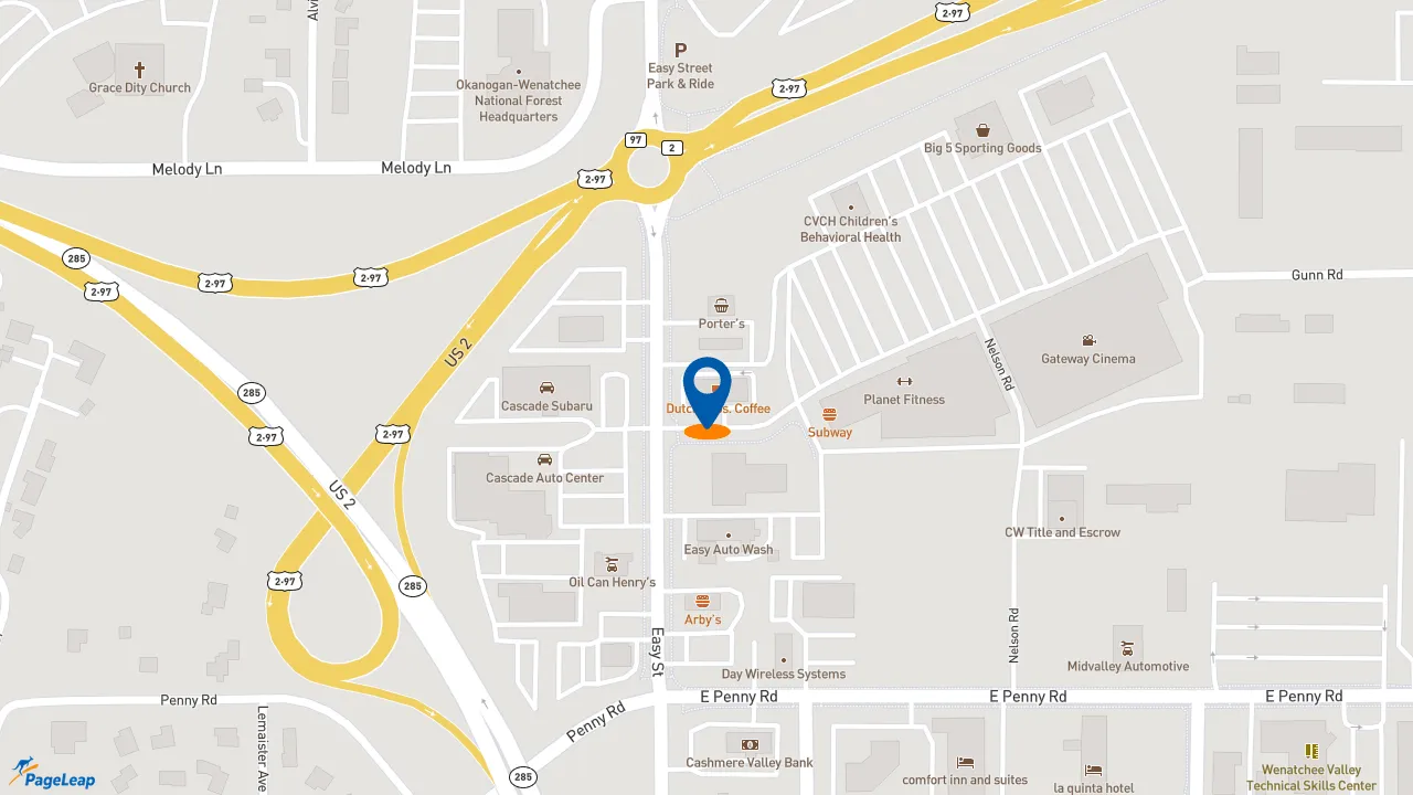 https://pageleap.com map showing location of Dutch Bros Coffee in Wenatchee.