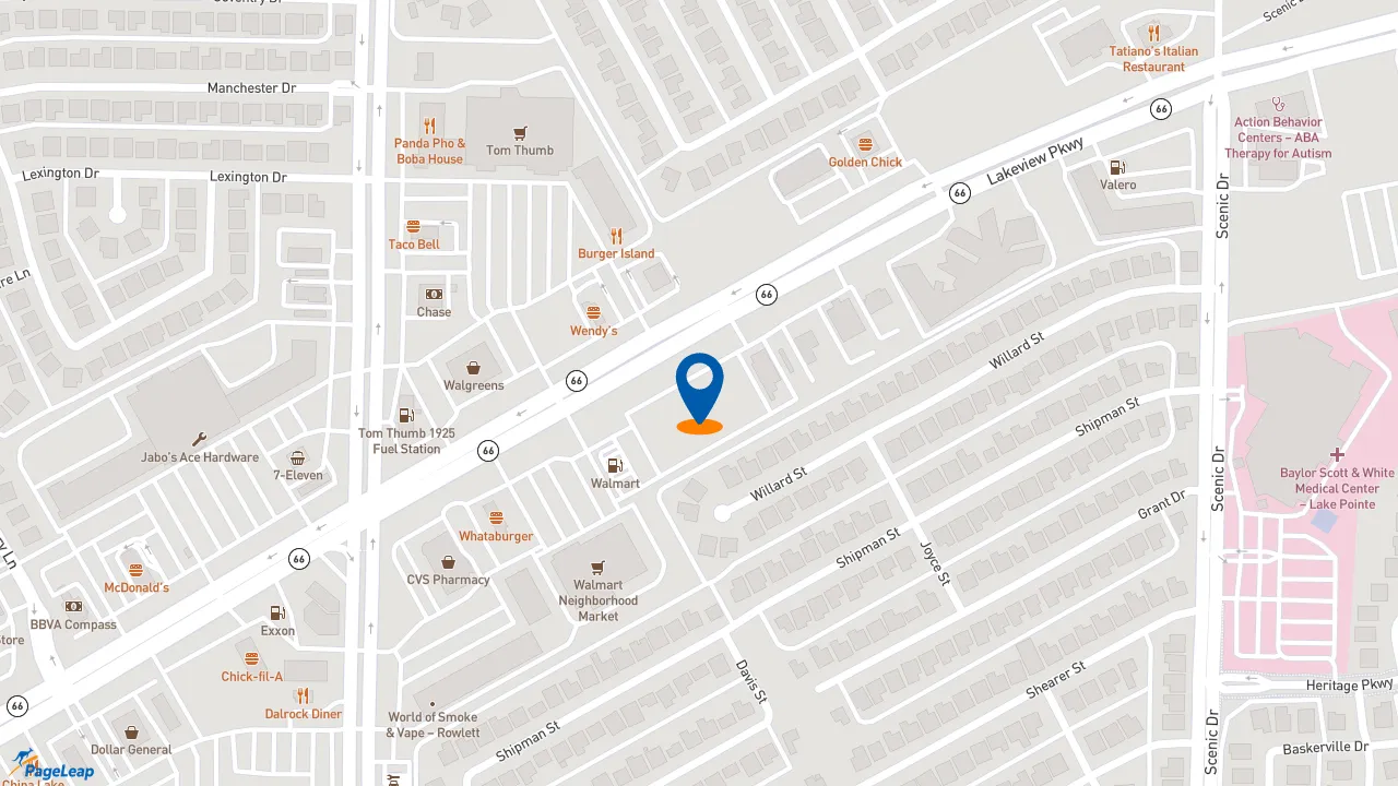 https://pageleap.com map showing location of Dutch Bros Coffee in Rowlett.