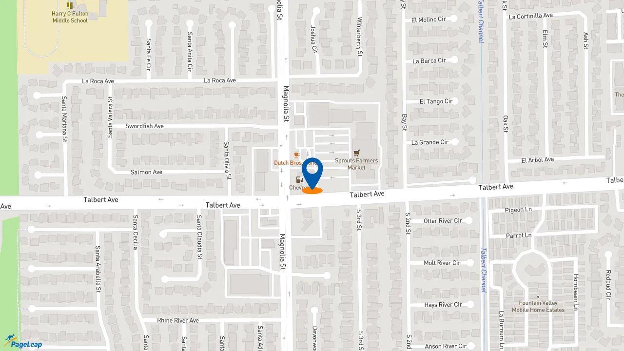 https://pageleap.com map showing location of Dutch Bros Coffee in Fountain Valley.