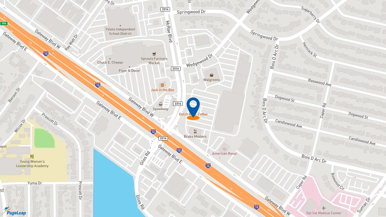 https://pageleap.com map showing location of Dutch Bros Coffee in El Paso.