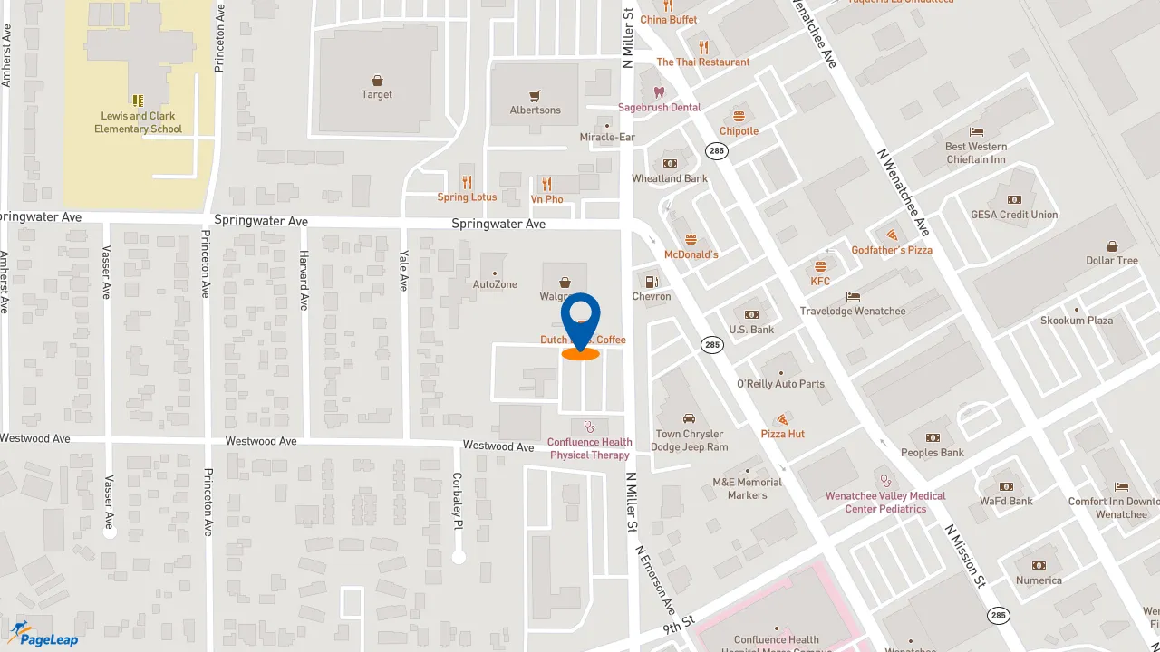 https://pageleap.com map showing location of Dutch Bros Coffee in Wenatchee.
