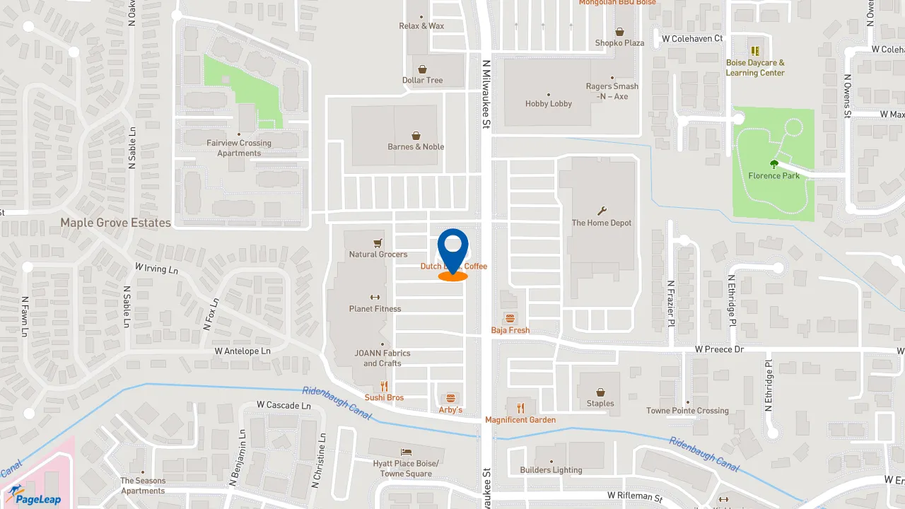 https://pageleap.com map showing location of Dutch Bros Coffee in Boise.