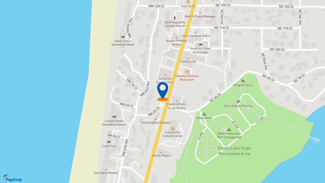 https://pageleap.com map showing location of Dutch Bros Coffee in Lincoln City.