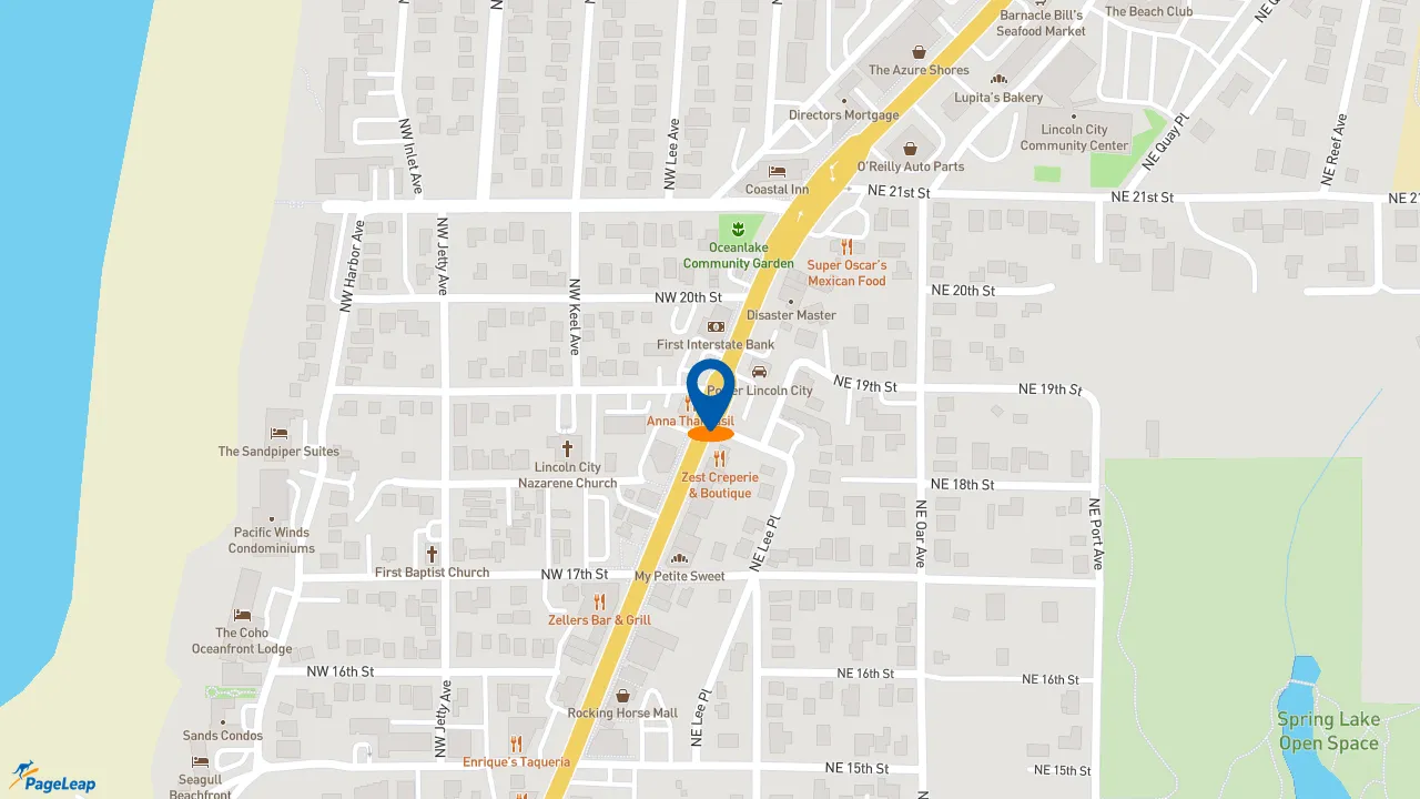 https://pageleap.com map showing location of Dutch Bros Coffee in Lincoln City.