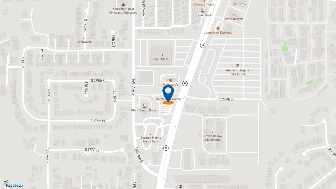 https://pageleap.com map showing location of Dutch Bros Coffee in Federal Way.