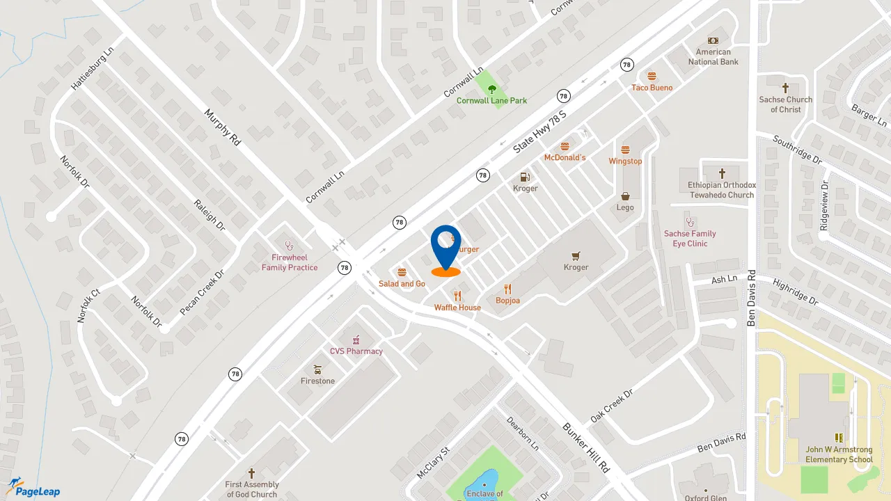https://pageleap.com map showing location of Dutch Bros Coffee in Sachse.