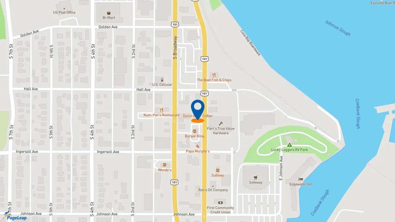 https://pageleap.com map showing location of Dutch Bros Coffee in Coos Bay.