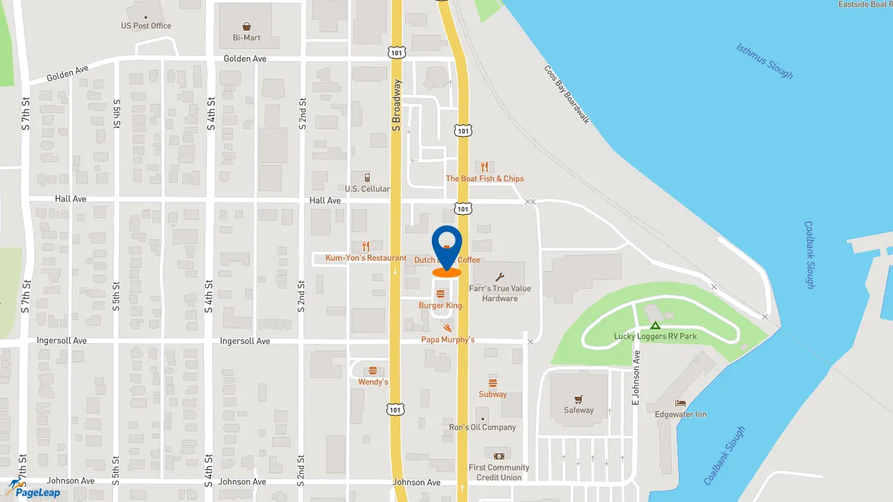 https://pageleap.com map showing location of Dutch Bros Coffee in Coos Bay.