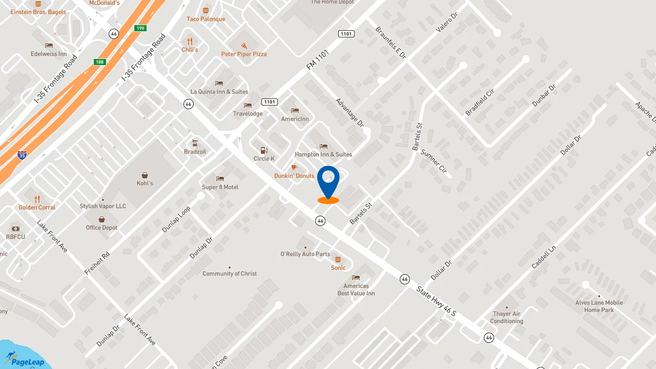 https://pageleap.com map showing location of Dutch Bros Coffee in New Braunfels.