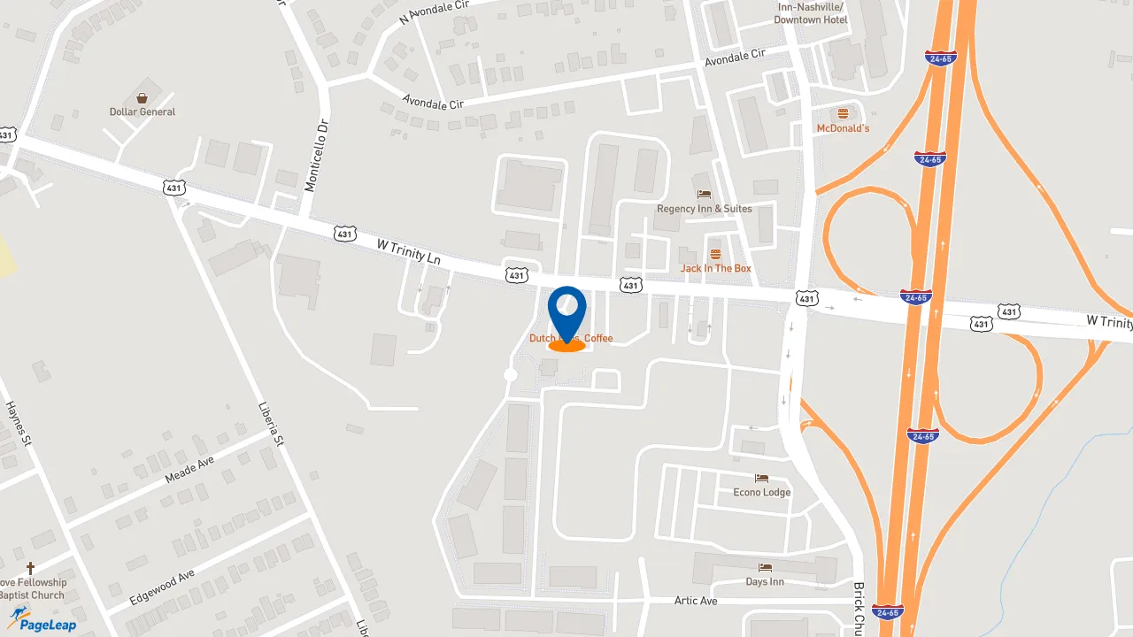https://pageleap.com map showing location of Dutch Bros Coffee in Nashville.