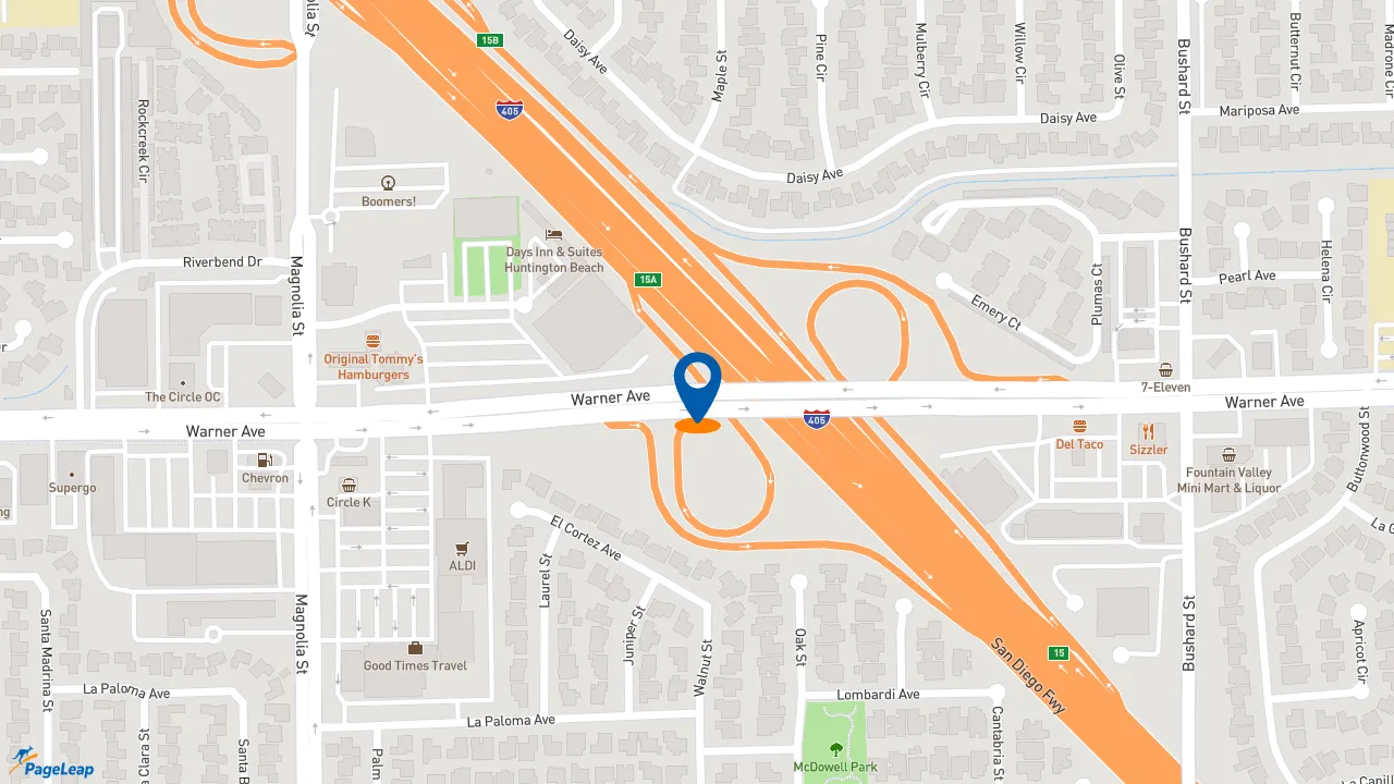 https://pageleap.com map showing location of Dutch Bros Coffee in Fountain Valley.