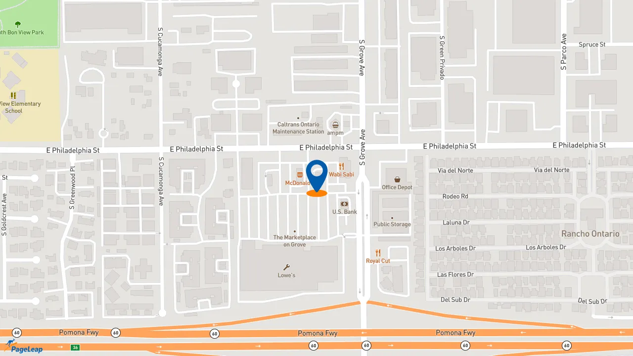 https://pageleap.com map showing location of El Pollo Loco in Ontario.