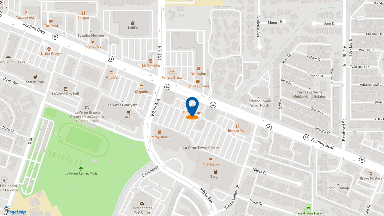 https://pageleap.com map showing location of El Pollo Loco in La Verne.