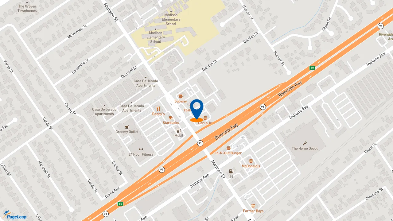 https://pageleap.com map showing location of El Pollo Loco in Riverside.