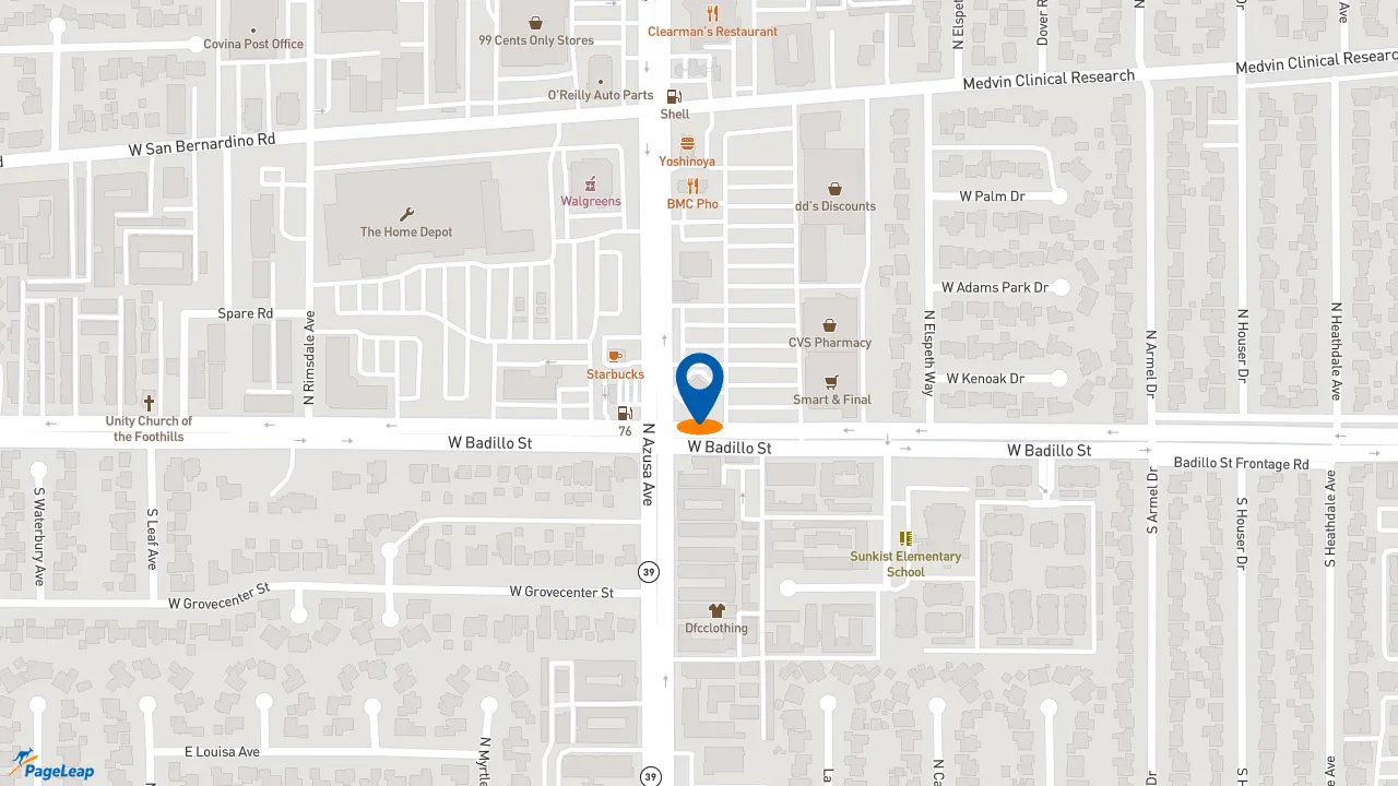 https://pageleap.com map showing location of El Pollo Loco in Covina.