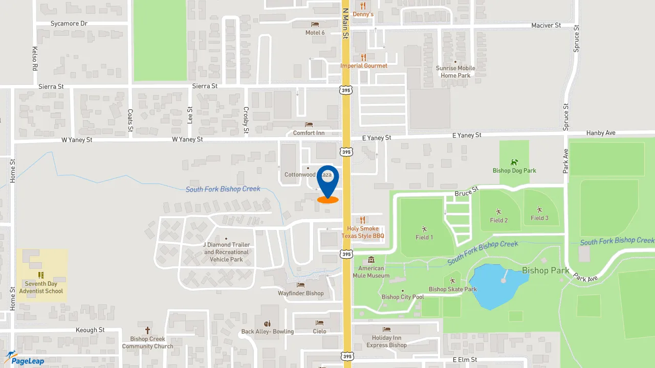 https://pageleap.com map showing location of El Pollo Loco in Bishop.