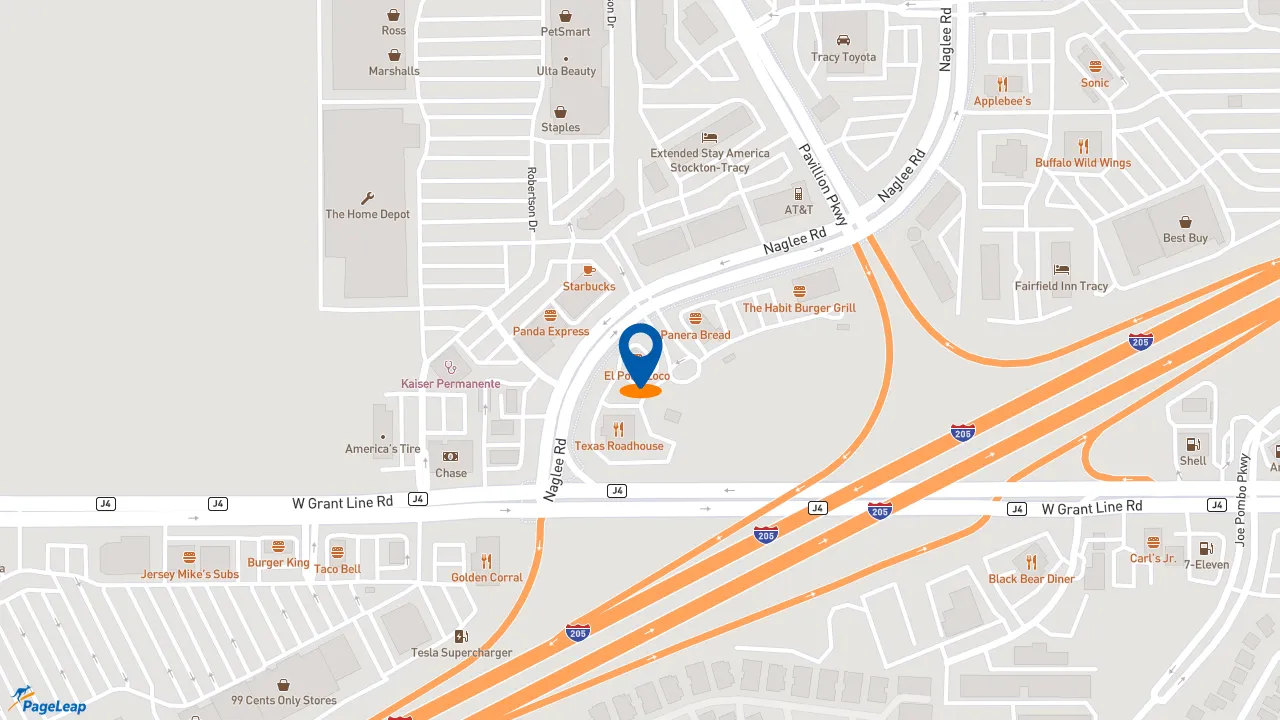 https://pageleap.com map showing location of El Pollo Loco in Tracy.