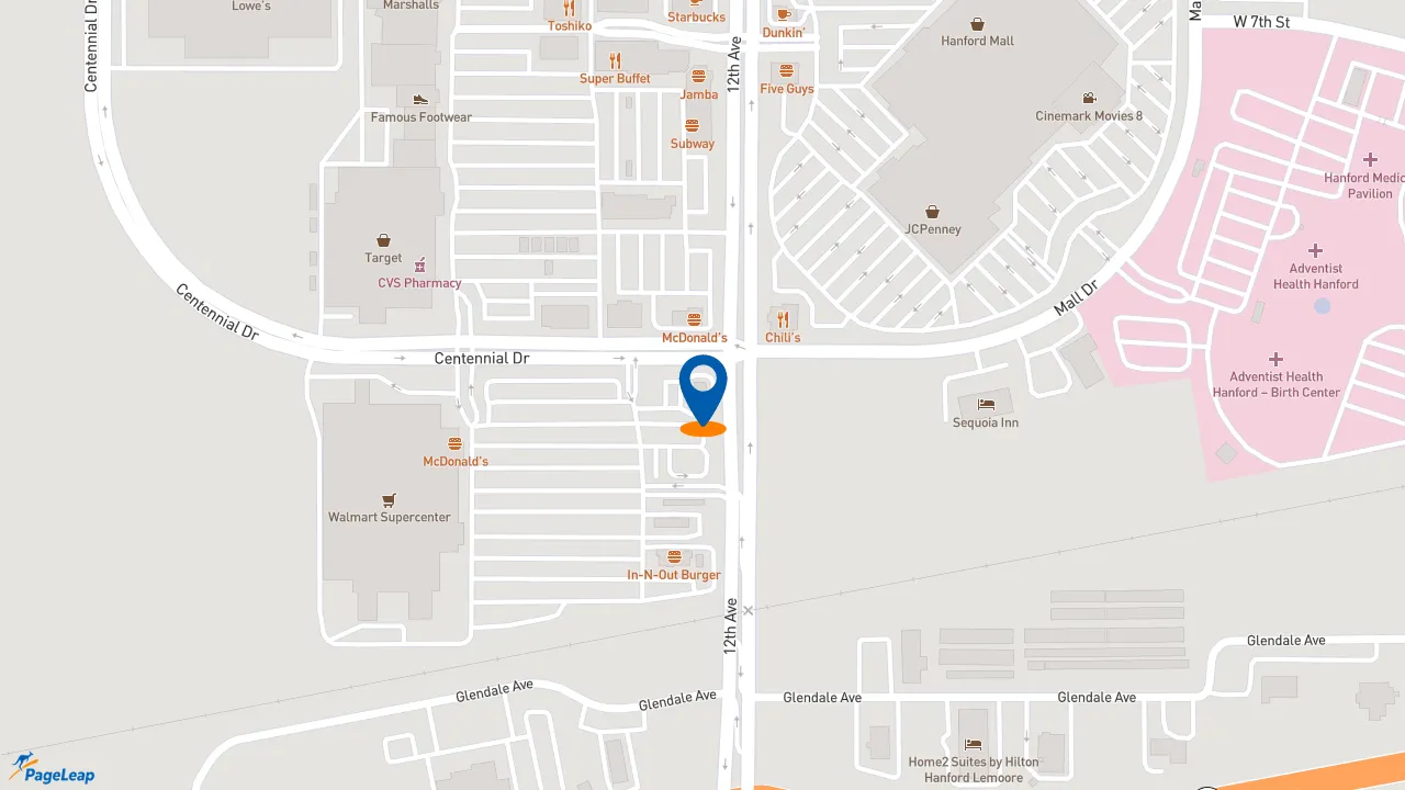 https://pageleap.com map showing location of El Pollo Loco in Hanford.