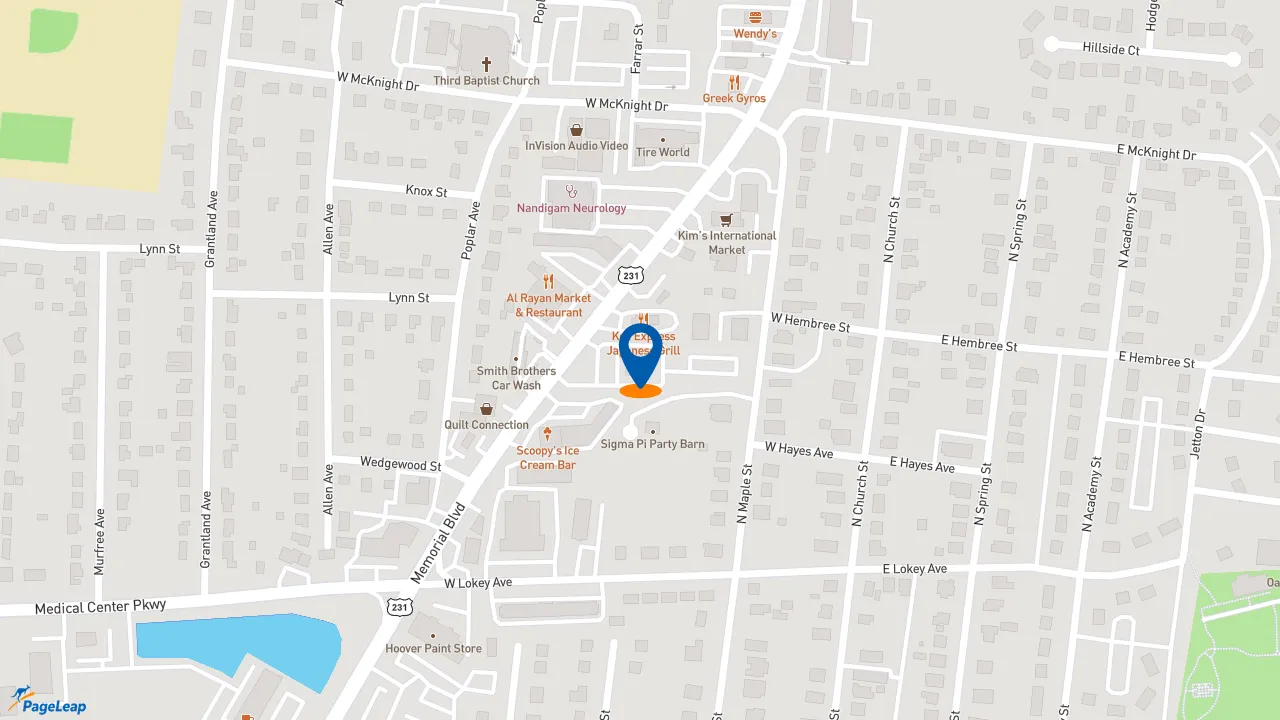 https://pageleap.com map showing location of El Toro Mexican Restaurant in Murfreesboro.