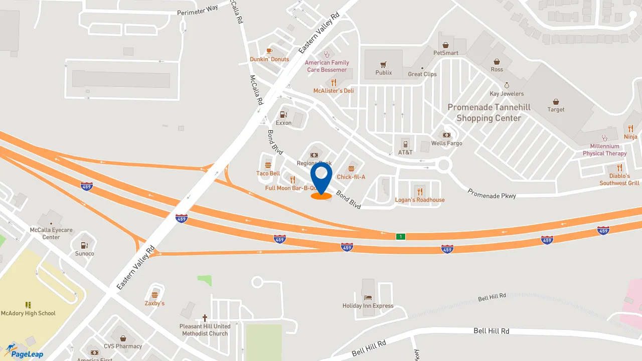 https://pageleap.com map showing location of Express Oil Change &amp; Tire Engineers in Bessemer.