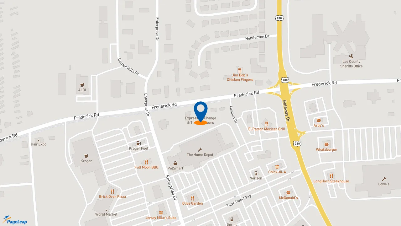 https://pageleap.com map showing location of Express Oil Change &amp; Tire Engineers in Opelika.