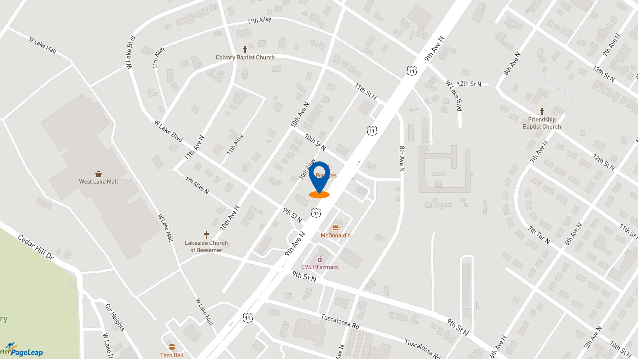 https://pageleap.com map showing location of Express Oil Change &amp; Tire Engineers in Bessemer.