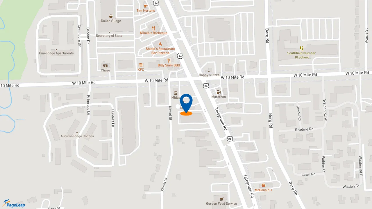 https://pageleap.com map showing location of Express Oil Change at Midas in Southfield.