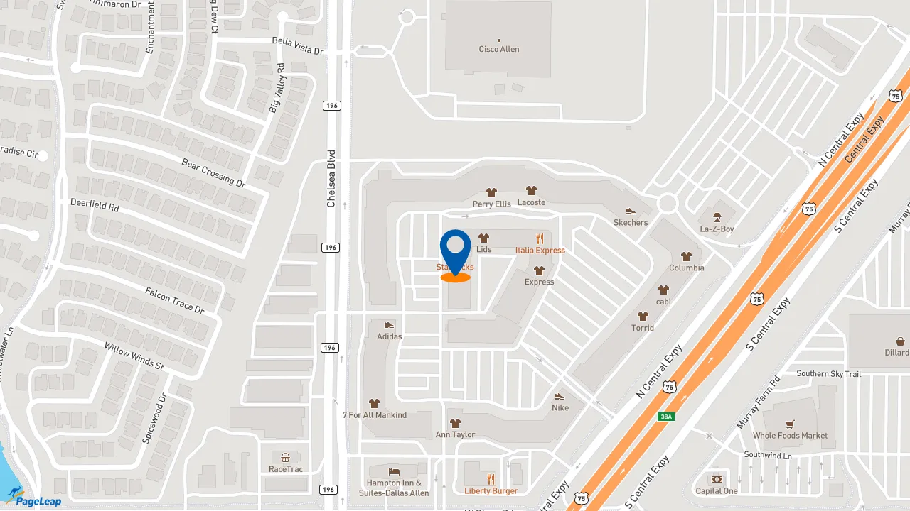 https://pageleap.com map showing location of Fatburger &amp; Buffalo&#039;s Express in Allen.