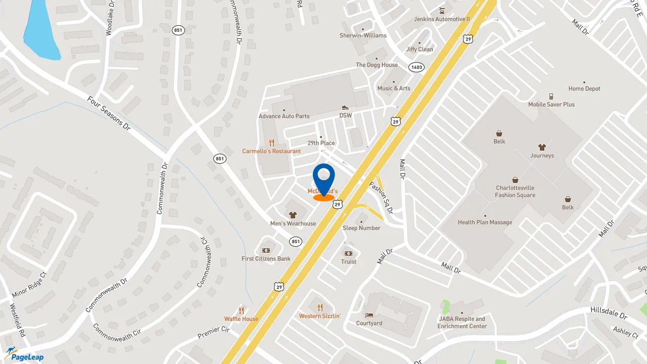 https://pageleap.com map showing location of Firehouse Subs 29Th Place in Charlottesville.
