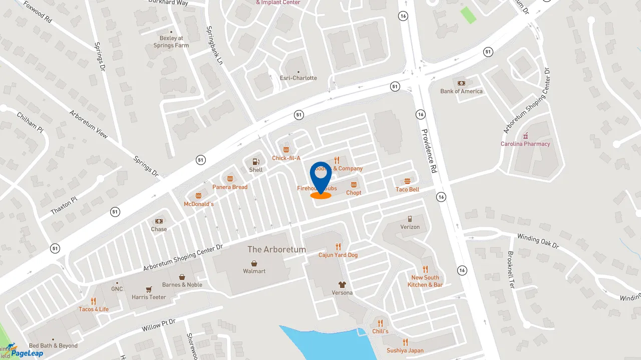 https://pageleap.com map showing location of Firehouse Subs Arboretum in Charlotte.