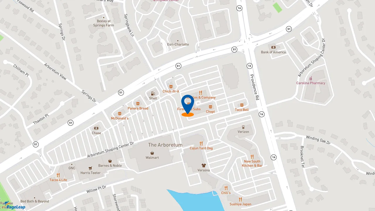 https://pageleap.com map showing location of Firehouse Subs Arboretum in Charlotte.