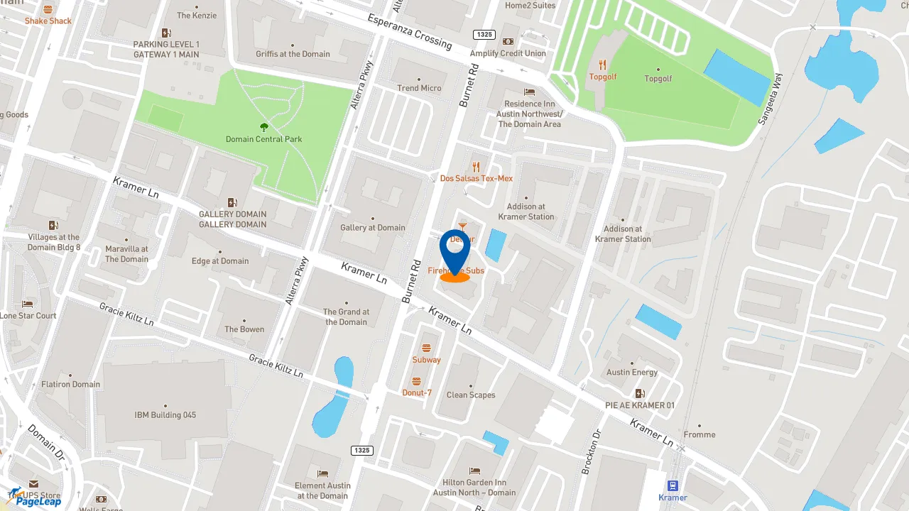 https://pageleap.com map showing location of Firehouse Subs Austin Commons in Austin.