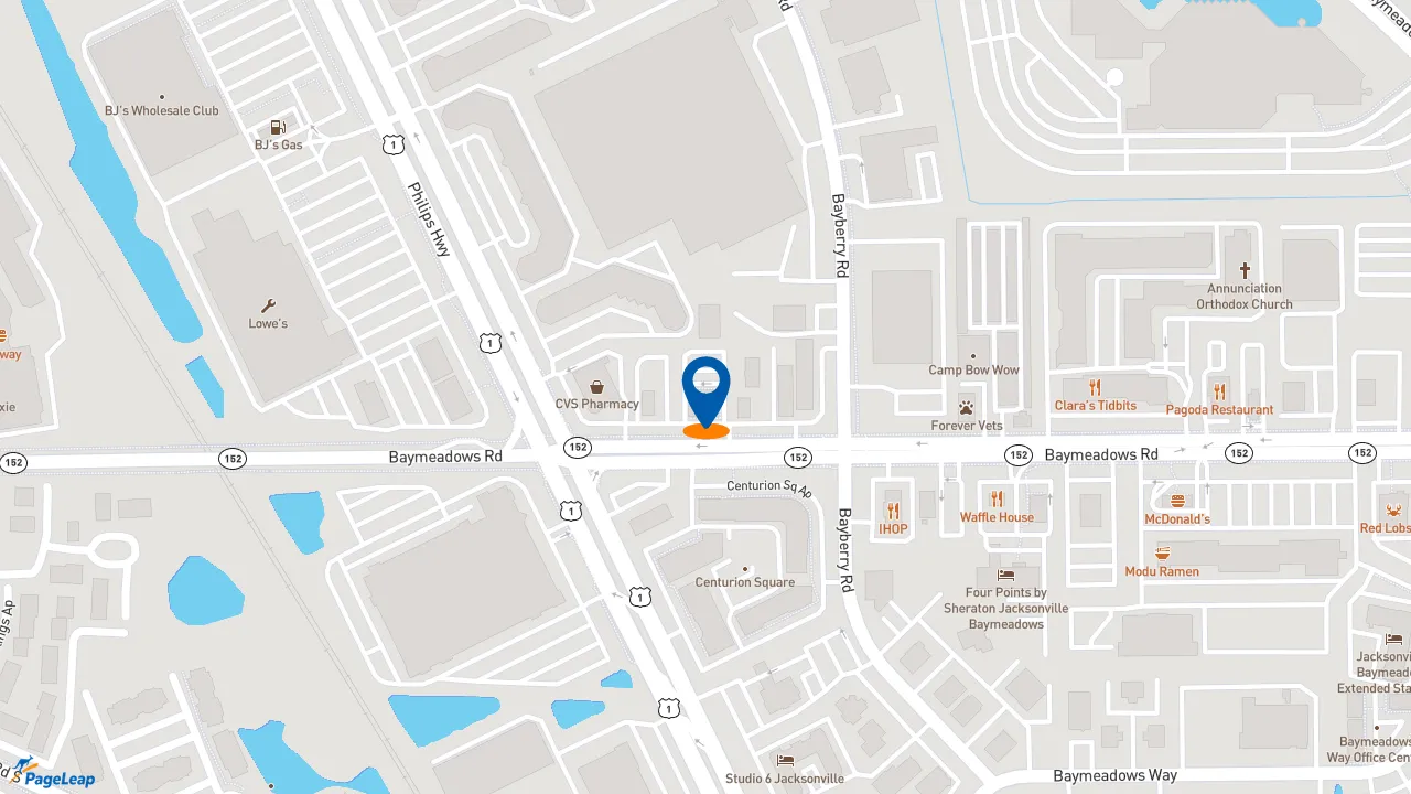 https://pageleap.com map showing location of Firehouse Subs Baymeadows in Jacksonville.
