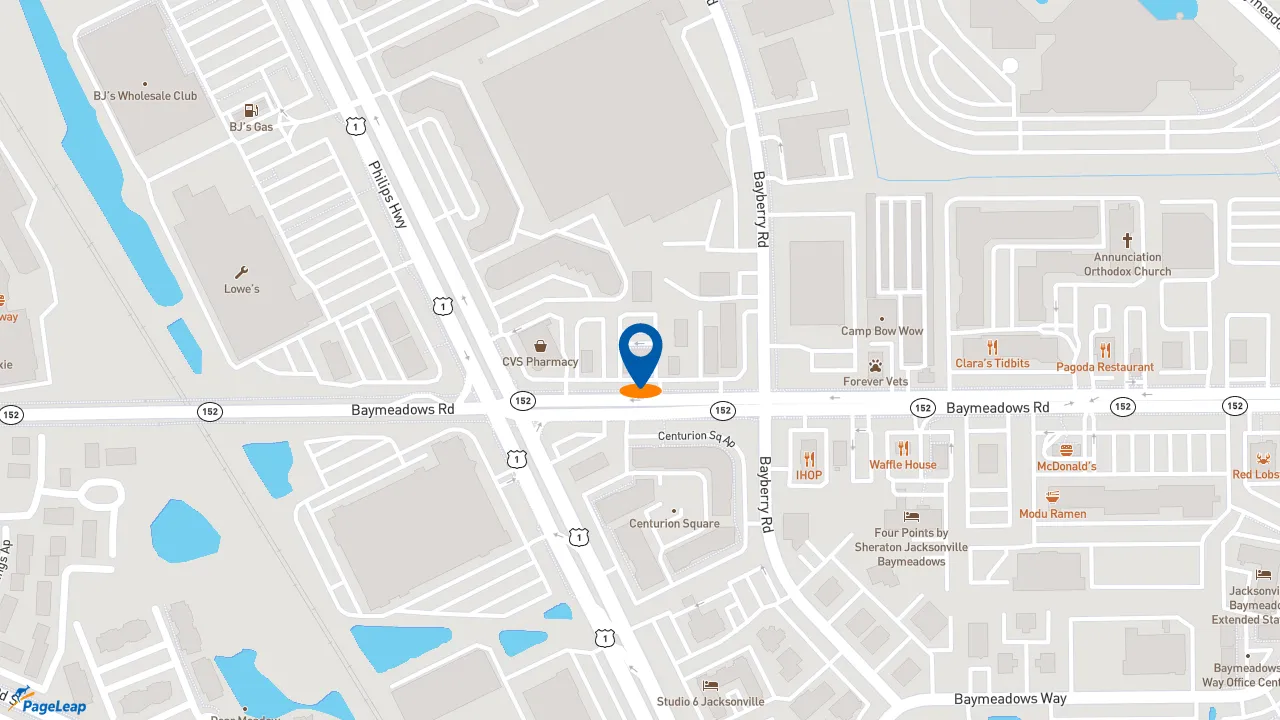 https://pageleap.com map showing location of Firehouse Subs Baymeadows in Jacksonville.