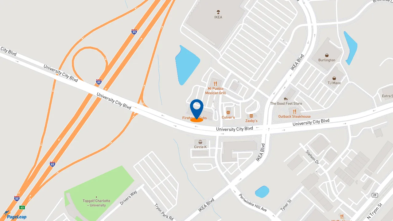 https://pageleap.com map showing location of Firehouse Subs Belgate in Charlotte.