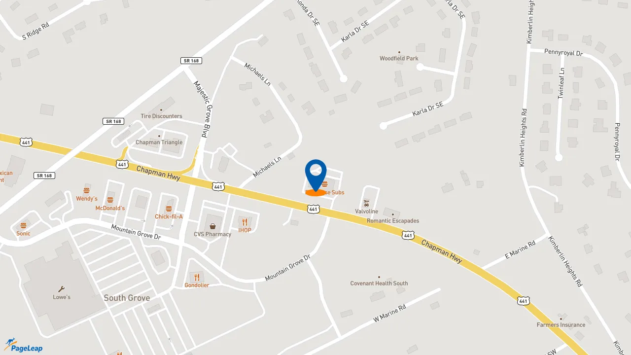 https://pageleap.com map showing location of Firehouse Subs Chapman Highway in Knoxville.