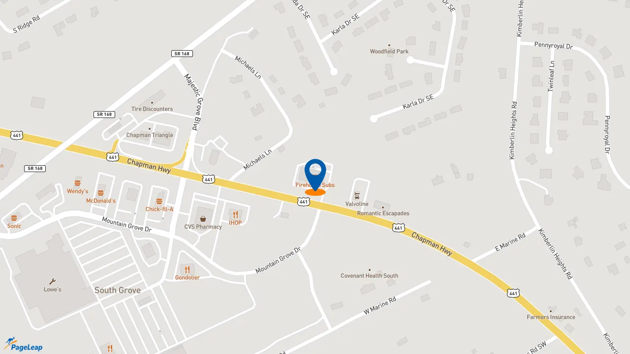 https://pageleap.com map showing location of Firehouse Subs Chapman Highway in Knoxville.