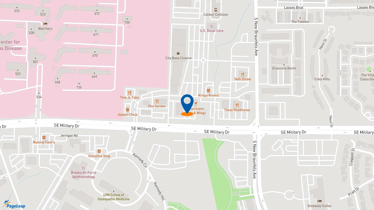 https://pageleap.com map showing location of Firehouse Subs City Base West in San Antonio.