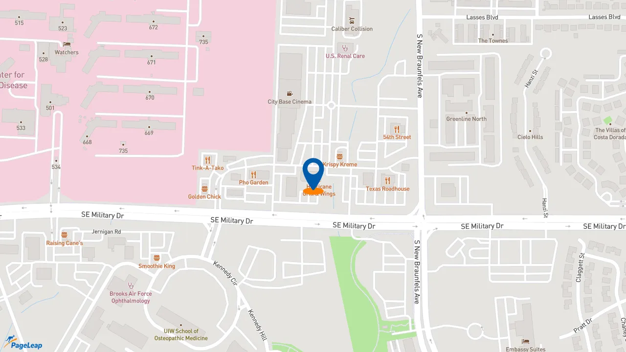 https://pageleap.com map showing location of Firehouse Subs City Base West in San Antonio.