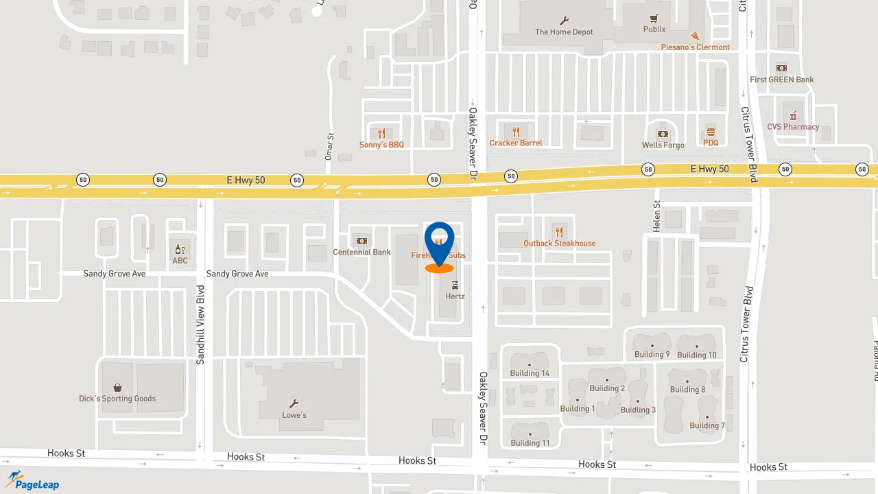 https://pageleap.com map showing location of Firehouse Subs Clermont in Clermont.