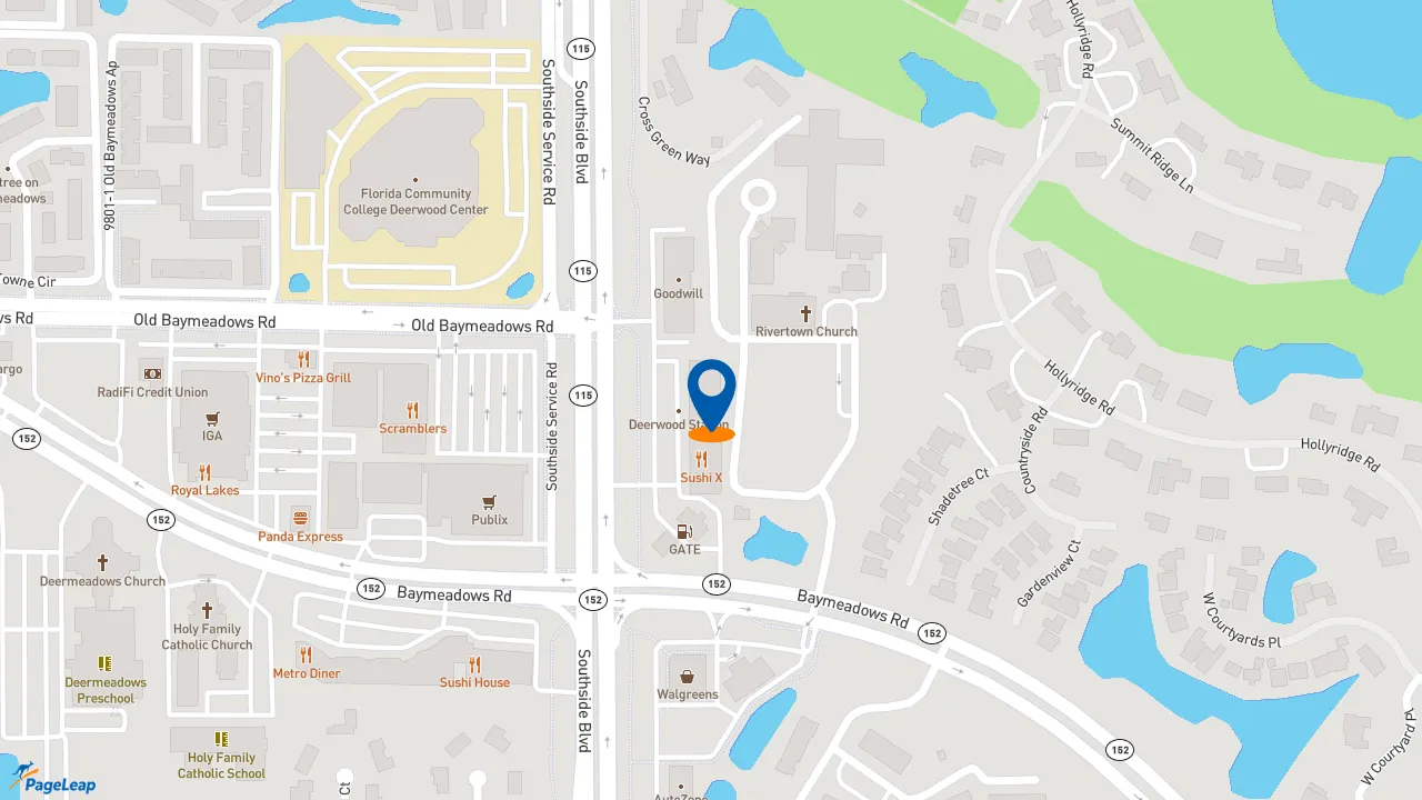 https://pageleap.com map showing location of Firehouse Subs Deerwood in Jacksonville.