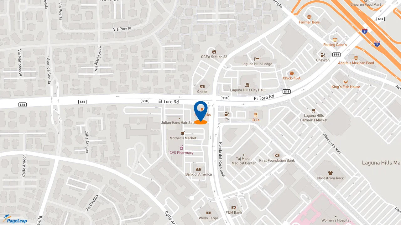 https://pageleap.com map showing location of Firehouse Subs El Torro in Laguna Woods.